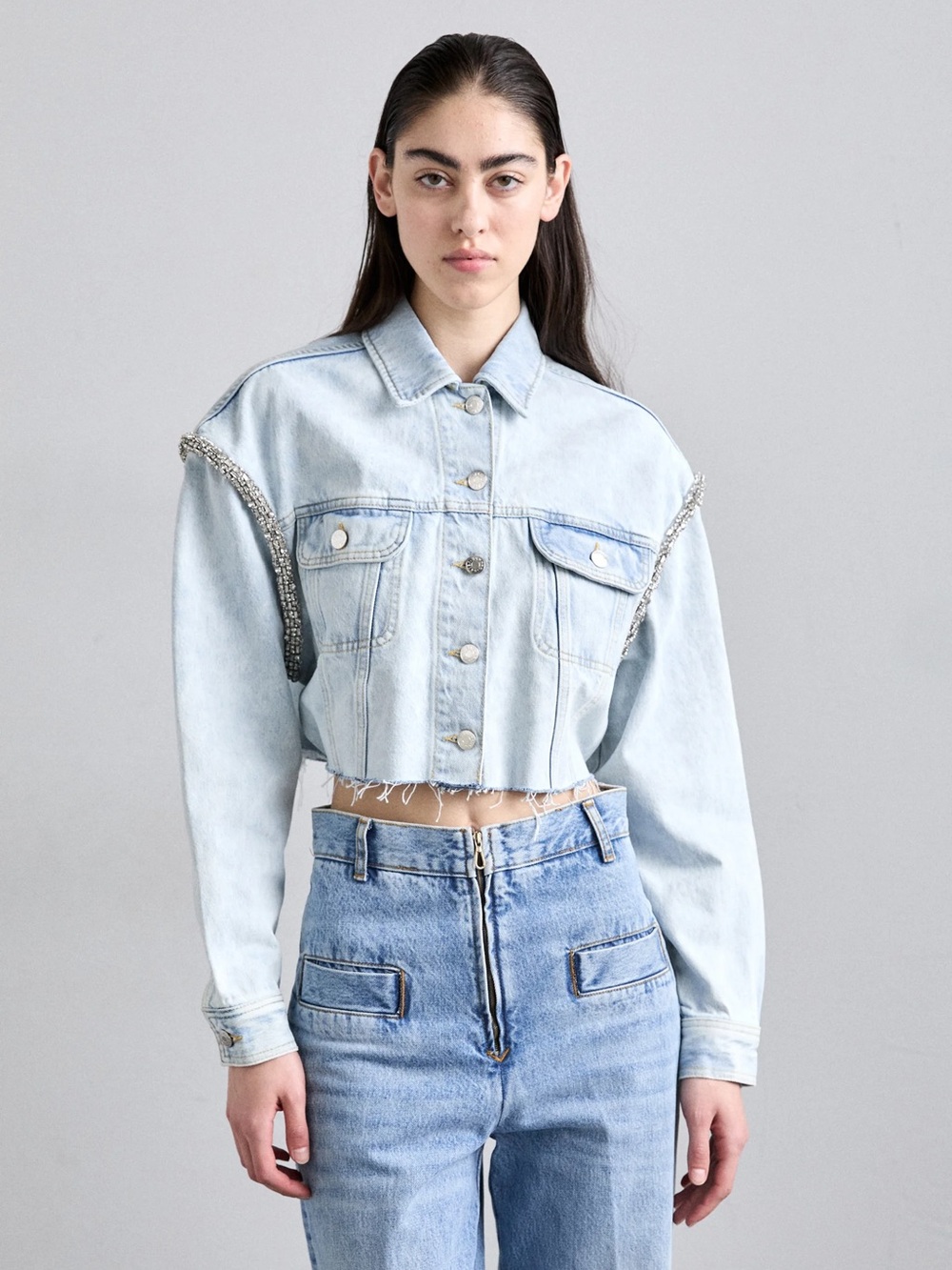 Sandro Light Blue Cropped Oversized Rhinestone Denim Jacket - US 10 (42)